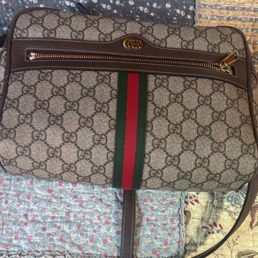 Gucci Brown Monogram Crossbody with Green and Red Stripe